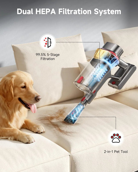 AIPOWAY 650W cordless vacuum cleaner with dual HEPA filtration and 2-in-1 pet tool on beige sofa