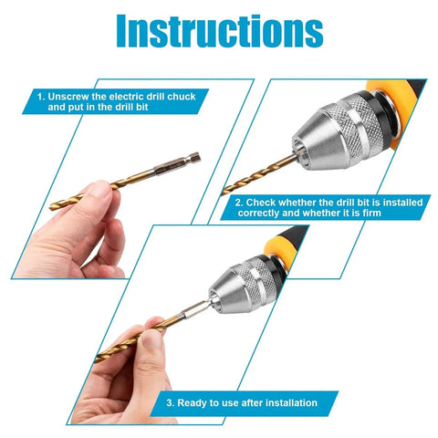 19 Piece Hex Shank Drill Bit Set With Holder For Metal Wood Plastic Pro Grade Titanium Coated HSS Twist Bits 4241 High Speed Steel One Sixteenth Inch To One Quarter Inch Includes Thirteen Sizes Plus One Quick Change Bit Holder in use instructions