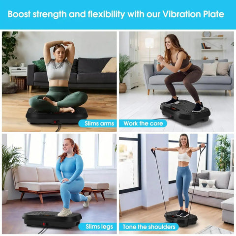 Women using Vibration Plate For Lymphatic Drainage And Full Body Workout With Resistance Bands 450 Lbs Capacity Black at home gym