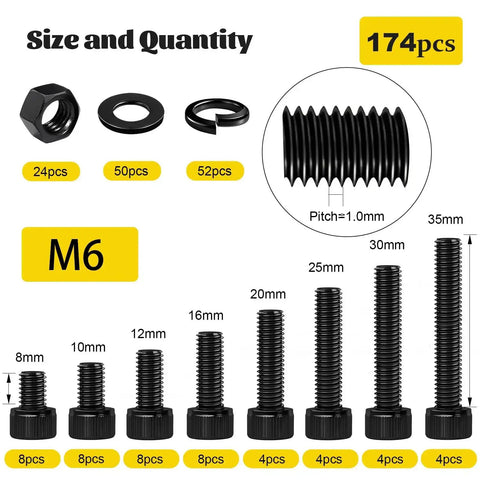 M6 Screws With Nuts And Washers Kit For DIY Projects, Hex Socket Head Bolts In 8, 10, 12, 16, 20, 25, 30, 35 Mm With Nuts And Washers