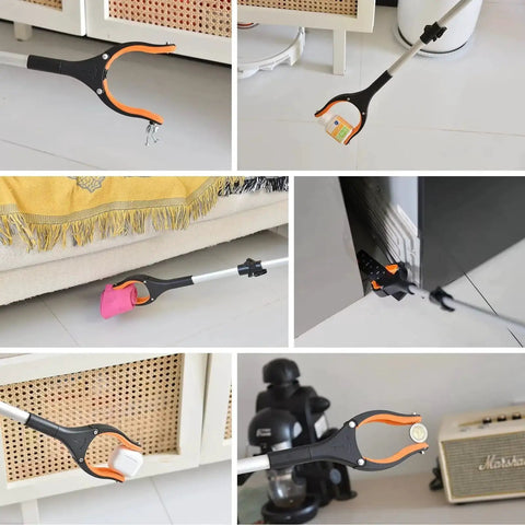 Image showcasing the 43 Inch Extra Long Grabber Tool Foldable Reacher with Rotating Jaw and Magnets in various household uses.