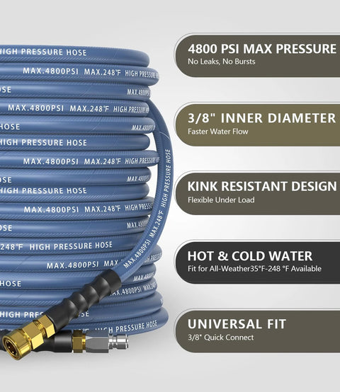 Pressure washer hose NAVOHEVEN, 3/8" ID, 100 ft, navy blue, steel-braided with brass fittings, 4800 PSI