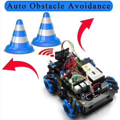 Omni Directional Mecanum Wheel Robot Car Kit For Raspberry Pi 3 4 5 with sensors avoiding cones, perfect for STEM education.