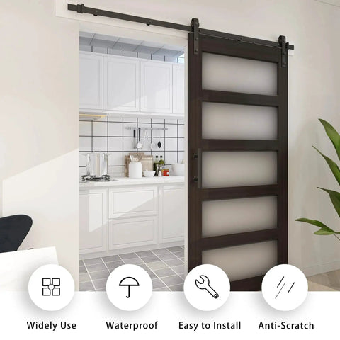 36 Inch By 84 Inch Glass Barn Door With 6.6 Foot Sliding Door Hardware Kit Included And Handle Five Panel Frosted Glass Solid Wood Slab With Waterproof PVC Surface For Privacy And Durability Pre Drilled For Easy Assembly Brown installed in modern kitchen.