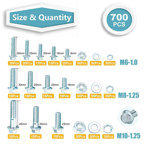 700 Piece Grade 8.8 Metric Flange Hex Bolts Nuts Washers And Spring Washers All In One Kit M6 M8 M10 Eco Friendly Zinc Plated
