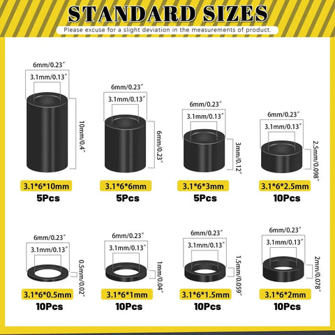65 Piece Round Black Aluminum Spacers Kit With 8 Sizes Inner Diameter 3.1 mm Outer Diameter 6 mm Standoff Column Spacers For M3 Screws Lengths 0.5 1 1.5 2 2.5 3 6 10 mm, showing labeled diagram of spacers with dimensions and quantities.