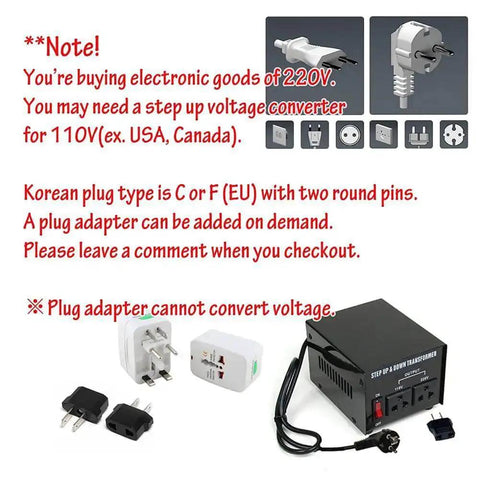Plug adapters and step-up voltage converter for 220V electronics, Korean C or F plug type, includes adapter options and warnings.