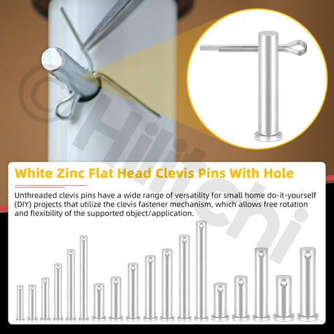51 Piece Clevis Pins Assortment Kit With Zinc Plated Cotter Pins Includes 18 Sizes M5 M6 M8 M10 M12 Flat Head Single Hole Round Pins T Shape Design Great For Mechanical Repair Automotive And DIY Projects, zinc-plated steel pins displayed.