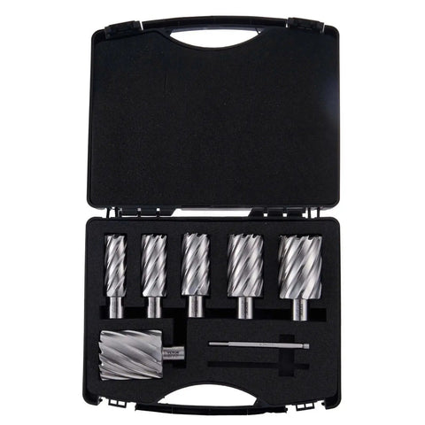 Annular Cutter Set For Magnetic Drills, 6 Pc Weldon Shank Bits, 2 In Cutting Depth, 1 To 2 In Cutting Diameter, M2AL High Speed Steel in case