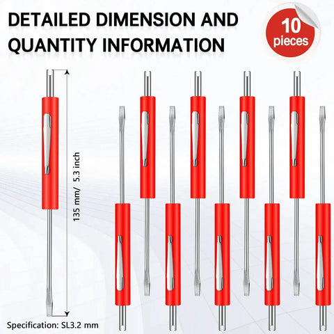Detailed view of 10 Pack Pocket Screwdrivers With Valve Core Removal Tools, red handles, dual-end tips, 5.3 inch, for mechanics and techs