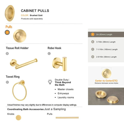 4 Pack Solid Brass Finger Pulls For Sliding Doors And Cabinets, 2 1/8 Inch Flush Recessed Round Cup Pulls In Brushed Gold