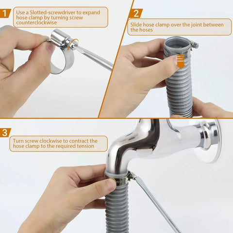 Installation of Heavy Duty Hose Clamp Set For Fuel Injection Automotive And Garden Use, securing garden hose with stainless steel clamp.