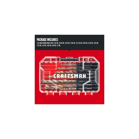 Gold Oxide Drill Bit Set For Wood Metal Or Plastic, 14-Piece With Split Point For Precise Holes, in metal carrying case, Craftsman logo visible.