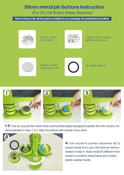Instruction manual for 58mm button maker with visual steps using 58mm shells, metal pin backs, clear films, and black gasket.