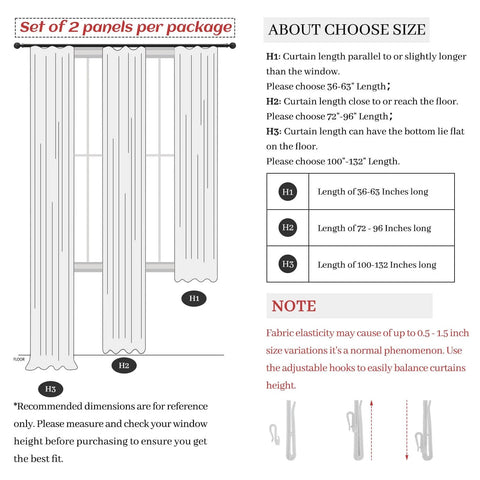 Diagram showing Dual Layer Linen Blackout Curtains 96 Inch Long 2 Panels For Living Room Olive Green Insulated Farmhouse Style Drapes size options.