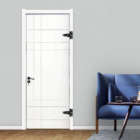 2 Pcs Galvanized T Shaped Gate Hinges, Rust Resistant, installed on a white door; shown in a living room setting.