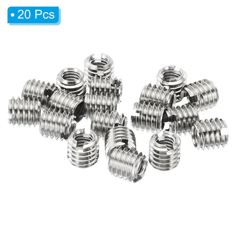 Front view: group of 20 stainless steel thread adapter sleeves; M6x1 male to M4x0.7 female reducing inserts