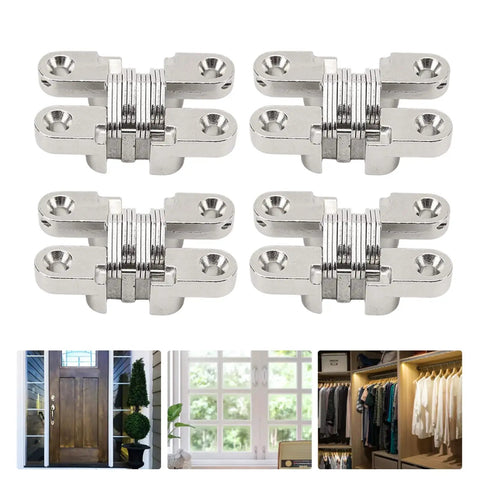 Mini Cross Hidden Hinge Set 4Pcs 43mm Zinc Alloy 180 Degree Swing Invisible Door Hinge For Jewelry Boxes Cabinets Folding Doors And DIY Projects With Beefy Durable Pro Grade Performance displayed against a white background with images of potential applications below.