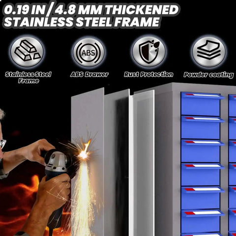 40 Drawer Nut And Bolt Organizer Cabinet With ABS Drawers And Acrylic Shelves And Label Stickers For Small Parts Storage in Workshop Garage And Classroom Pro Grade Heavy Duty Stainless Steel Parts Cabinet, showcasing stainless steel frame and ABS drawers with rust protection icons.