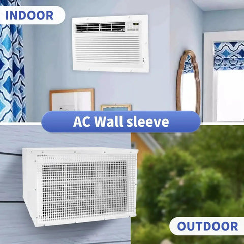 Indoor and outdoor view of 26 Inch PTAC Wall Sleeve For Through The Wall Air Conditioner With Decorative Frame and Mesh Backplate