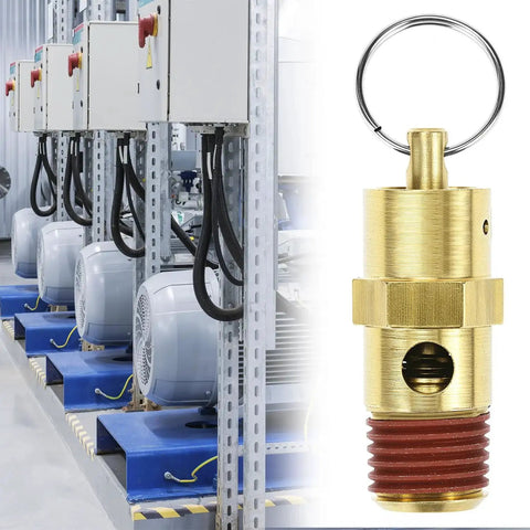 Brass Pressure Relief Valve Set For Air Compressors - 2 Pack, 1/4 Inch NPT Threaded, 150 PSI Relief next to industrial compressors