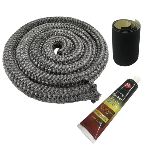 Wood stove door gasket kit, 1-inch gray fiberglass rope gasket, silicone cement tube, and black sleeve.