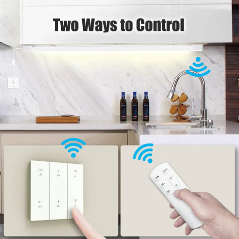 Under Cabinet Lights With Plug That Dim From 3000K To 6500K, 1500 Lumens, 15W, Wireless Control Panel And Remote in a kitchen setup