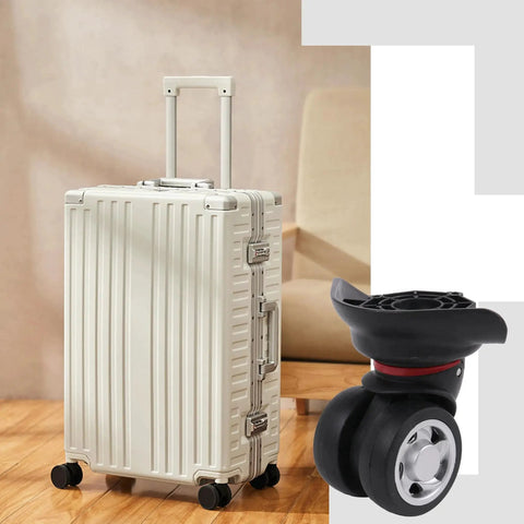 4 Pieces Universal Swivel Left Suitcase Wheel Replacement Black 360 Degree Wheel For Luggage 115W Series W055 next to suitcase