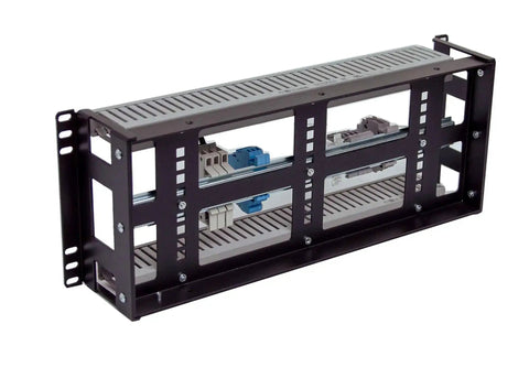 Side view of 4U Rackmount Low Profile DIN Rail Panel, 3.78 Inch Depth, Heavy Duty 14 Gauge Steel for 19 Inch 2 Post or 4 Post Racks