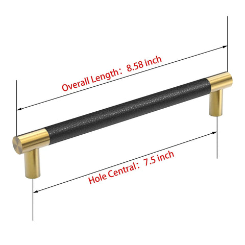 Brushed Satin Gold Bar Cabinet Handle With Black Leather Upholstery 8.5 Inch Overall Length, 7.5 Inch Center-To-Center Mounting