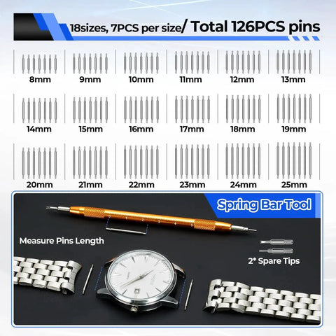Detailed view of watch spring bar tool with various pin sizes and spare tips, part of 192 Piece Watch Repair Kit Heavy Duty Tool Set With Link Remover Battery Replacement Tools Back Remover Openers Pins Tweezers Hammer Anti Magnetic Screwdrivers PU Leather Case DIY Pro Kit And User Manual.