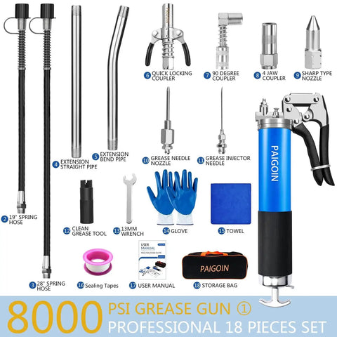 All In One Built Tough Heavy Duty 8000 PSI Pistol Grip Grease Gun Kit With 14 Oz Cartridge, 19 And 28 Inch Spring Flex Hoses