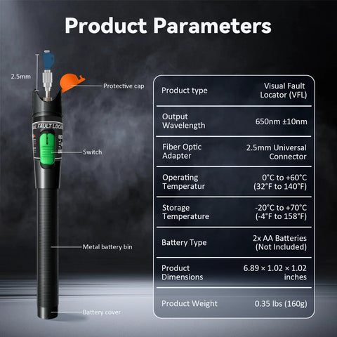 CHunreegow Visual Fault Locator handheld VFL with green switch and orange protective cap; 2.5mm universal fiber connector