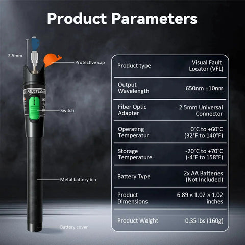 Versatile Fiber Optic Visual Fault Locator Kit for 30KM VFL Testing in Telecom and Data Centers with specifications shown