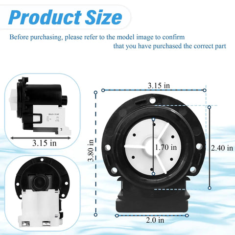 Front view of 4681EA2001T washer drain pump motor for Kenmore/LG; black housing, white impeller