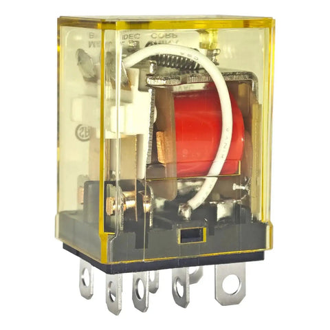 Heavy Duty DPDT Power Relay 110 120V AC 10 Amp Plug In Coil With Blade Terminals. Clear case showing internal components.