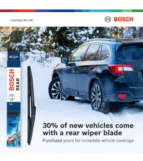 Bosch rear wiper blade package and a vehicle parked in snowy landscape
