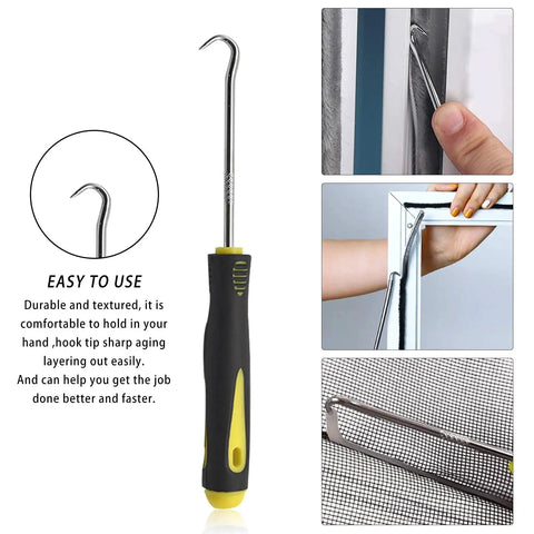 3 Piece Window Screen Tool Set With Wooden Handle Spline Roller And Nylon Bearing Wheels Mesh Screen Door Repair Kit focused on spline removal hook in use