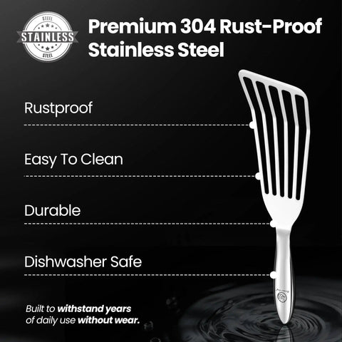Ultra Thin Edge Stainless Steel Spatula Set With Large Fish Turner And Small Slotted Spatula, Ergonomic Non Slip Handles, Seamless One Piece Construction, Dishwasher Safe, Perfect For Flipping Fish, Pancakes, Eggs, And Delicate Foods displayed.