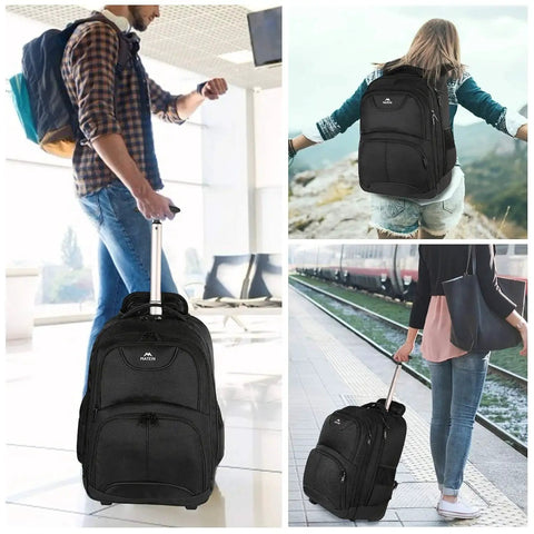 Rolling Laptop Backpack With Wheels 17 Inch Water Resistant Carry On Luggage for business travel, showing black suitcase in use by men and women
