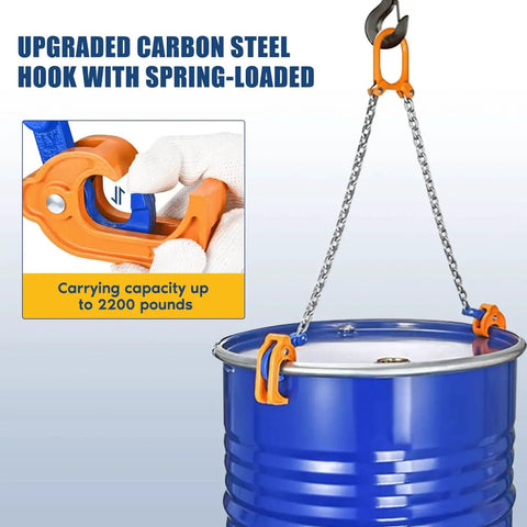 Oil Barrel Drum Lifter With G80 Chain 2000lb 1T For 55 Gallon Drums lifting blue metal drum with orange hooks