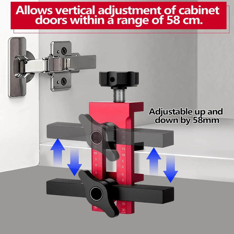 Adjustable Cabinet Door Installer Tool With Removable Base And Aluminum Alloy Construction, shown adjusting cabinet door height by 58mm.