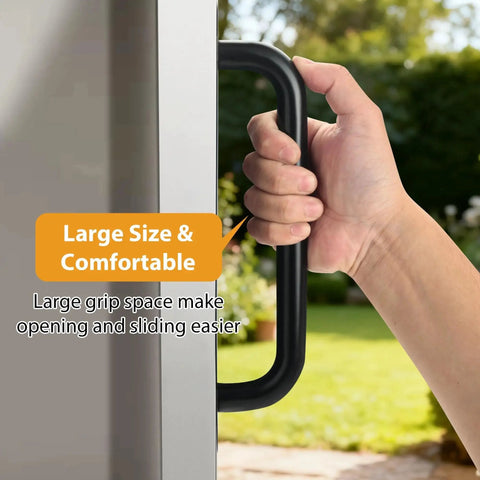 Two Pack Black Stainless Steel Barn Door Handles Hardware 11 Inch Long Heavy Duty Sliding Door Pulls For Exterior And Interior Use Rust Proof And Durable With Wide Base And Secure Four Screw Mounting with hand gripping handle.