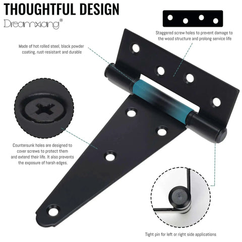 6 Inch T Strap Gate Hinges Tough As Nails Heavy Duty Barn Door Hardware For Shed Fence Yard Gate Black Powder Coated Iron Rustproof 2 Pack Long Lasting Durable And Easy Install with countersunk holes and tight pin for left or right applications.