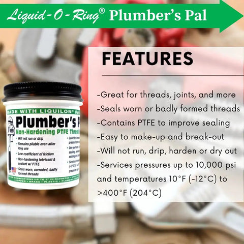 Nonhardening PTFE Thread Sealant Paste For Sealing Worn Metal And Plastic Pipe Threads With Tough As Nails Performance Under High Temp And High Pressure Up To 10000 PSI In A 5 Oz Brush Top Can Made In USA, product label visible with features list.
