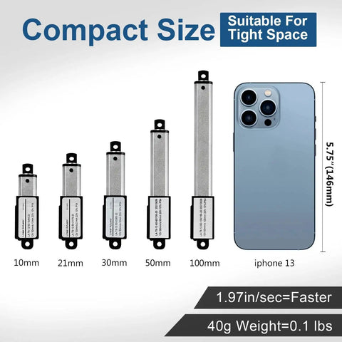 DC HOUSE mini electric linear actuators, five units with 10–100 mm stroke, shown beside iPhone 13 for scale
