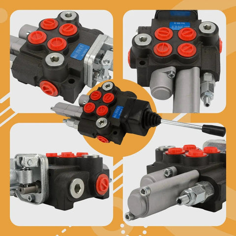 Collage of Hydraulic Control Valve With Float, 2 Spool, 11 GPM by JAHEZYAN for log splitters, tractors, loaders, showcasing design details