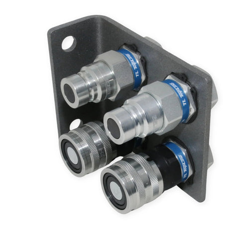 1/2 in hydraulic quick-connect coupler set mounted on a steel plate with four flat-face ISO 16028 connectors