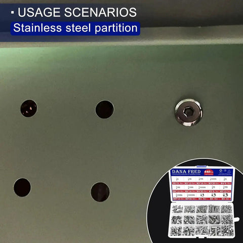 440 Piece Flat Hex Socket Head Cap Screws Kit In 304 Stainless Steel M3 M4 M5 Metric Threads box shown with screws in use on metal panel