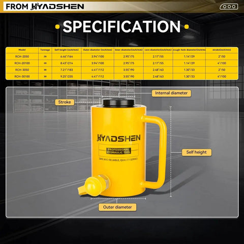 HYADSHEN yellow hydraulic bottle jack with black top cap and side handle for lifting heavy equipment